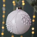 Embossed Leaf Christmas Tree Bauble with Glitter | White & Silver