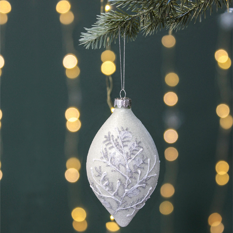 Frosted Glitter Tree Finial Christmas Tree Bauble | Silver & White