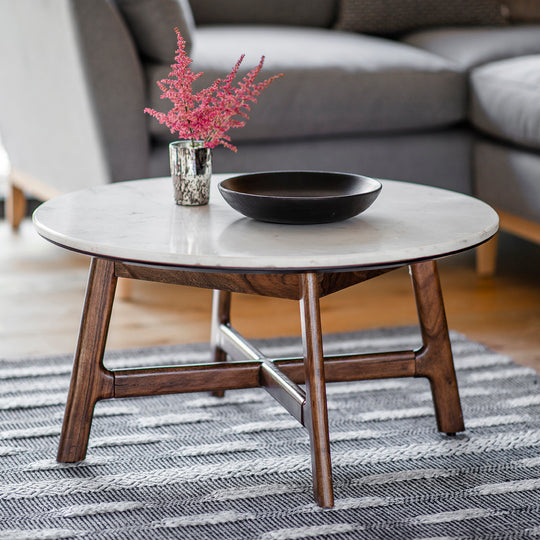 Barcelona Round Marble Top Mid-Century Coffee Table | Dark Acacia