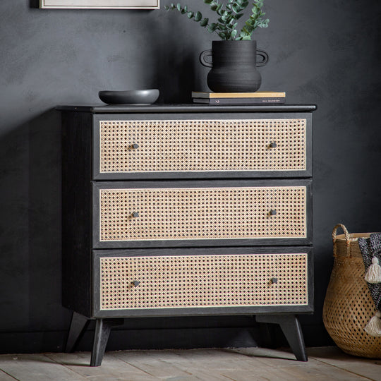 Skylar Rattan 3 Drawer Chest | Black/Natural