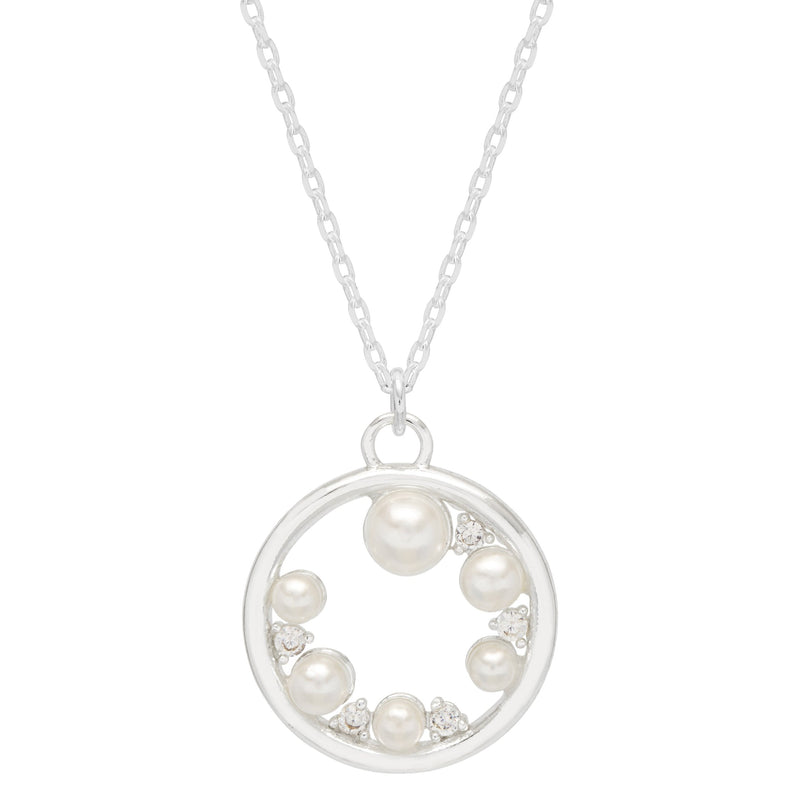 Faux Pearl Circle Pendant Necklace | Silver Plated