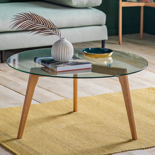 Blair Round Glass Coffee Table | Natural Oak