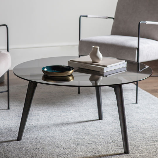Blair Round Smoked Glass Coffee Table | Black Oak