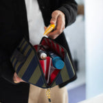 Vegan Leather Flat Lay Wash Bag | Khaki/Navy Stripe