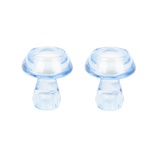 Glass Mushroom Candle Holders | Light Blue | Set of 2
