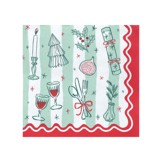 Bon Noel Christmas Icons Napkins | Red, Green & White | Set of 20