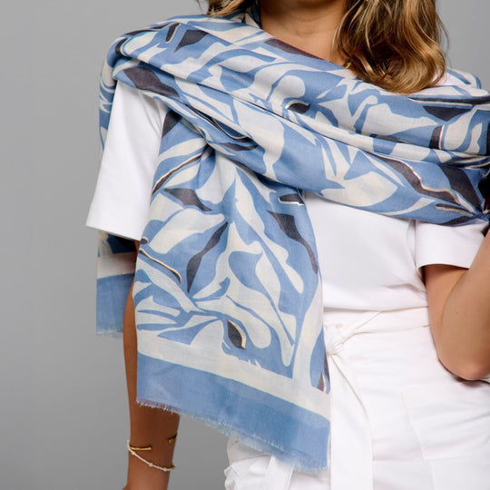 Blossom Print Foil Scarf  | Cornflower Blue