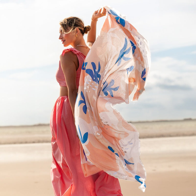 Botanical Print Foil Scarf | Coral & Cobalt Blue