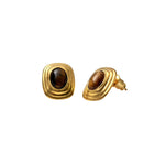 Tiger's Eye Button Stud Earrings | Gold Coated