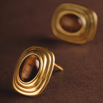 Tiger's Eye Button Stud Earrings | Gold Coated
