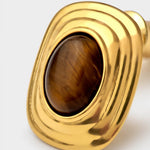 Tiger's Eye Button Stud Earrings | Gold Coated