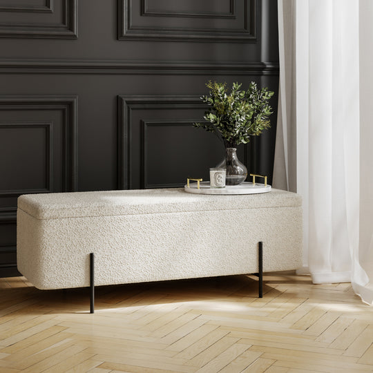 Lola Boucle Storage Ottoman | Ivory/Matt Black