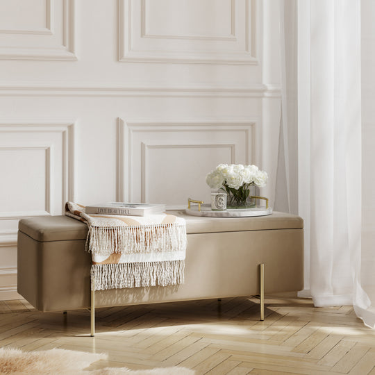 Lola Velvet Storage Ottoman | Beige/Brushed Gold
