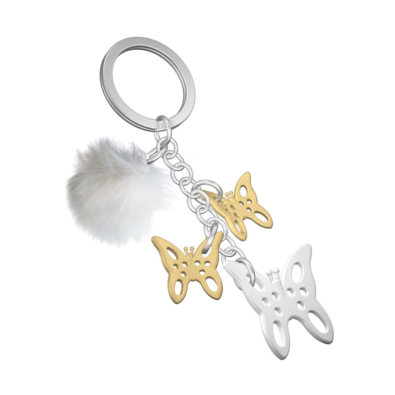 Butterfly with Pom Pom Charm Keyring | Gold & White