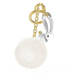 Bunny with Pom Pom Charm Keyring | White & Gold