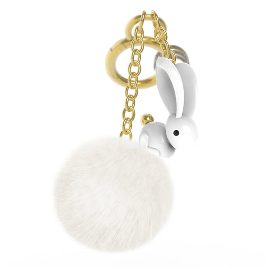 Bunny with Pom Pom Charm Keyring | White & Gold