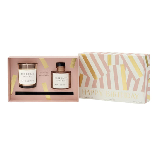 'Happy Birthday' Mini Votive & Reed Diffuser Gift Set | Peach Rose & Sweet Mandarin