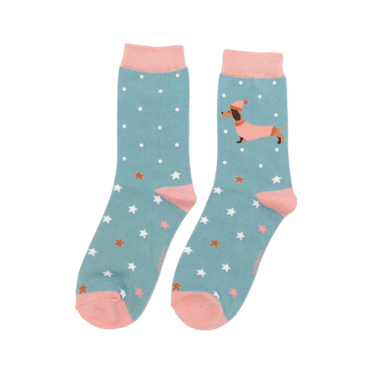 Women's Festive Sausage Dog Socks | Bamboo | Duck Egg Blue