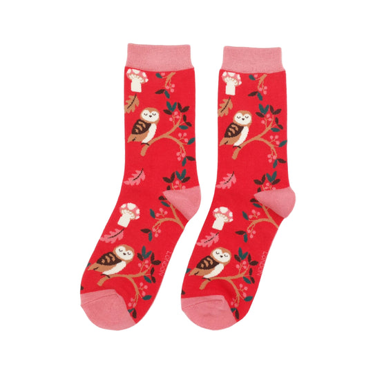 Women's Woodland Owl Socks | Bamboo | Red