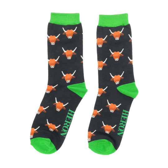 Men's Highland Cow Print Socks | Bamboo | Black