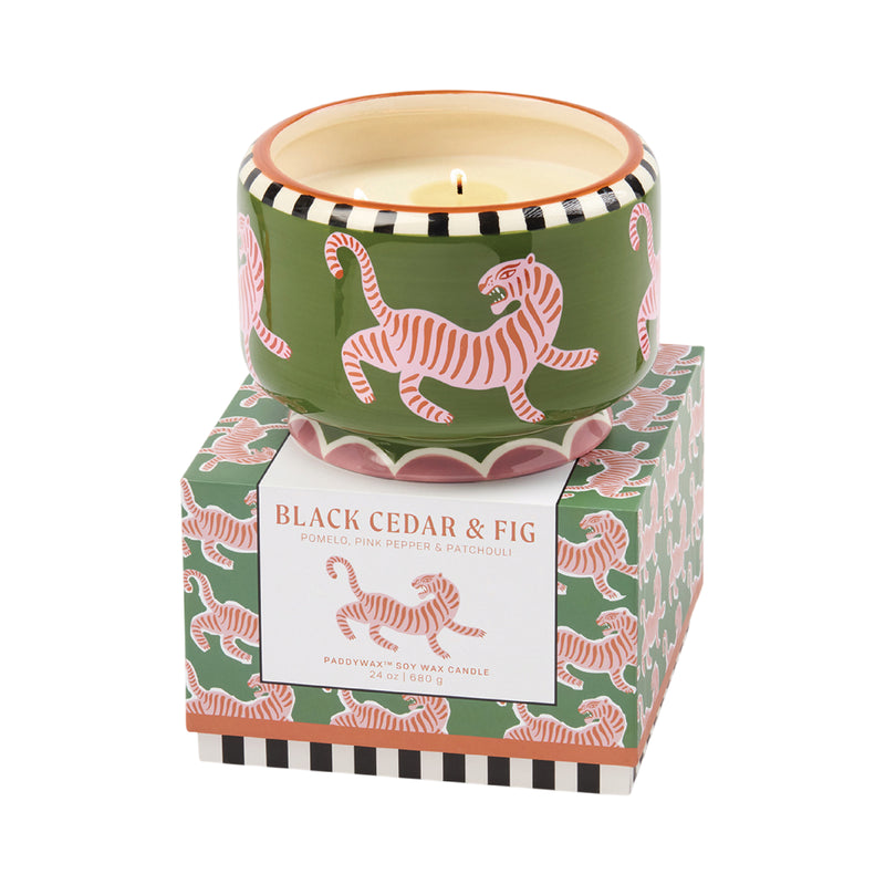 A Dopo Tiger Ceramic Candle | Pink & Green | Black Cedar & Fig | 680g
