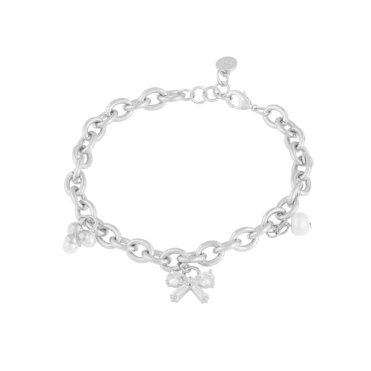 Eira Bow & Pearl Charm Bracelet | Silver Plated