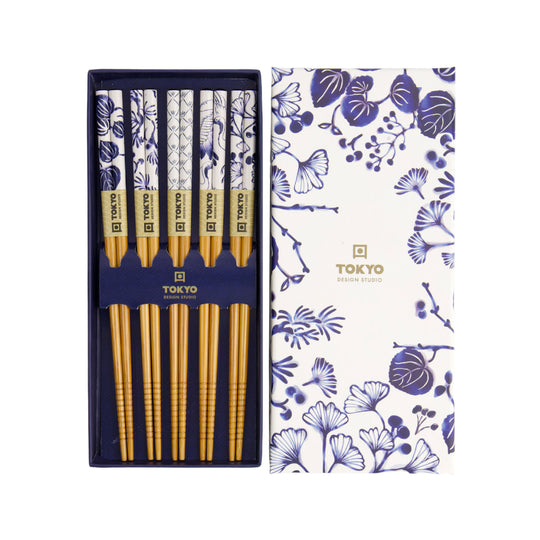 Flora Japonica Round Chopstick Set | Blue & White | 5 Piece