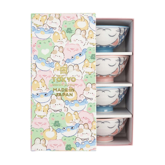 Kawaii Lucky Cat Rice Bowl Set | Blue & Pink | Set of 4