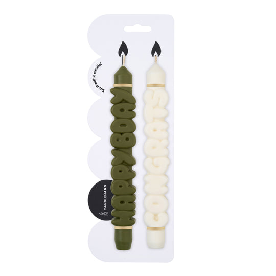 Birthday Taper Candles | Olive Green/White | Set of 2