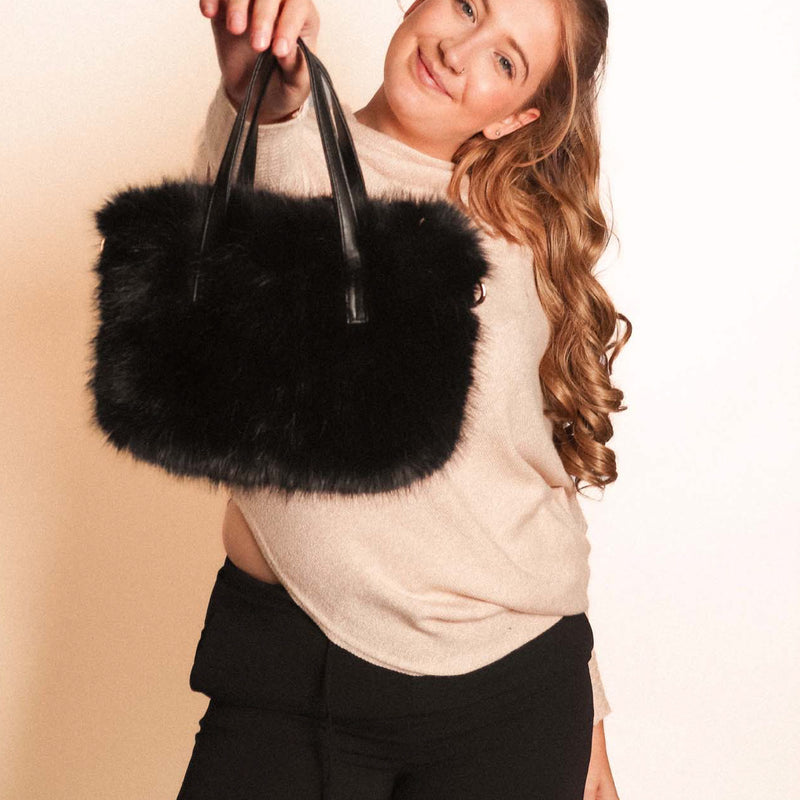 Women's Constellation Faux Fur Handbag with Crossbody Handle | Black | Small