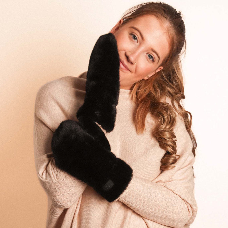 Women's Constellation Faux Fur Mittens | Black