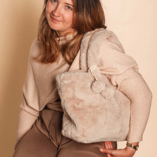 Women's Constellation Faux Fur Shoulder Bag with Pom Poms | Cream
