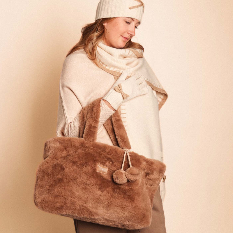 Women's Constellation Faux Fur Shoulder Bag with Pom Poms | Taupe