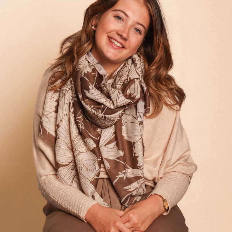 Women's Lightweight Floral Print Scarf | Taupe/Gold