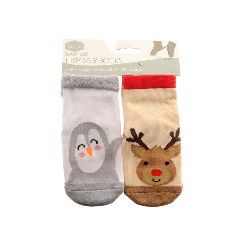 Baby's Reindeer & Penguin Terry Socks | Set of 2 | 0-6 Months