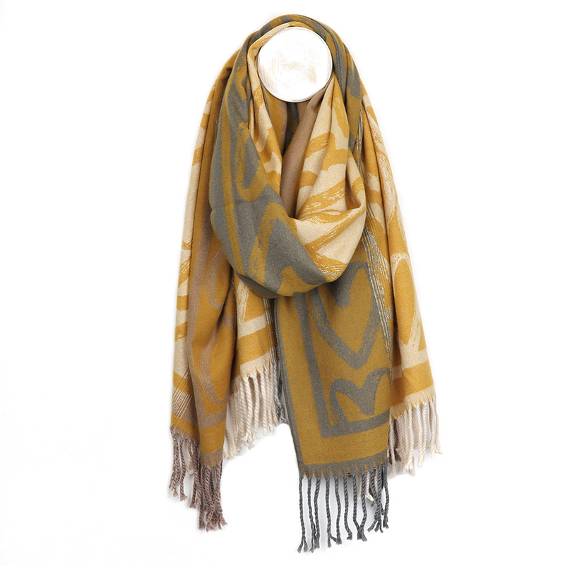 Reversible Sketched Heart Print Scarf | Mustard Grey Mix