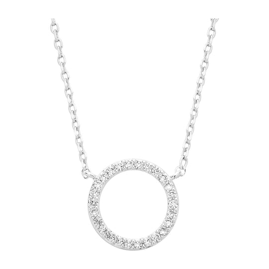 Large Pave Set Circle CZ Necklace | Silver Plated