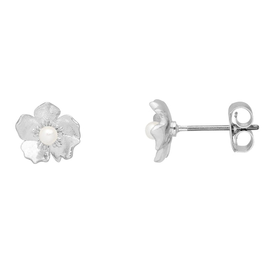 Petite Pearl Buttercup Stud Earrings | Silver Plated