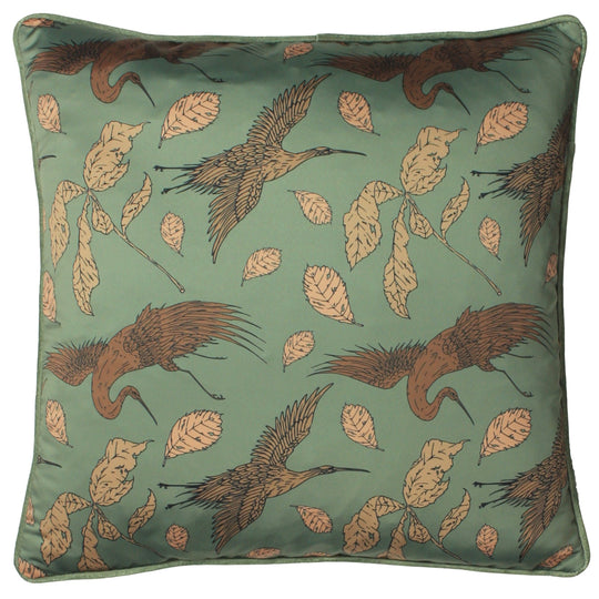 Satin Crane Cushion | Green | 45x45cm