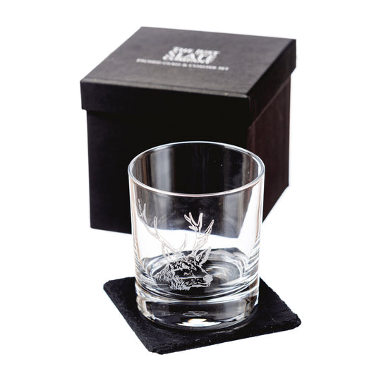 Glass Tumbler with Slate Coaster | Engraved Stag