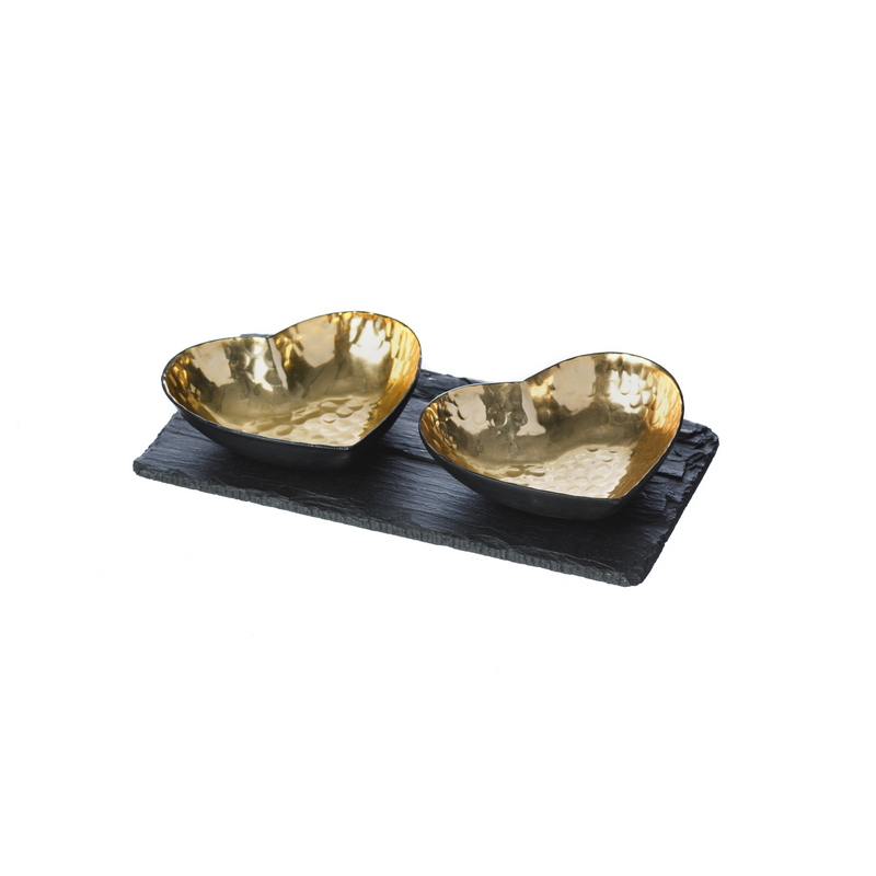 Gold Heart Serving Set with Slate Base