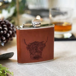 Highland Cow Hip Flask | Leather Wrapped